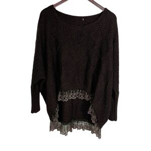 Brown Knit Sweater w/ Lace Detail Hemline